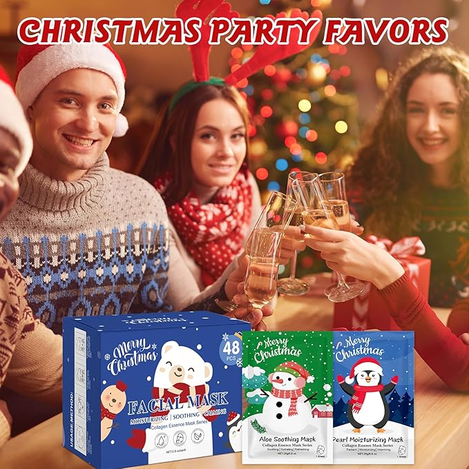 48 Pack Christmas Facial Masks for Stocking Stuffers, Bulk Moisturizing Facial Masks Set for Women Skin Care, Sheet Face Masks Skincare, Cute Christmas Gifts for Women