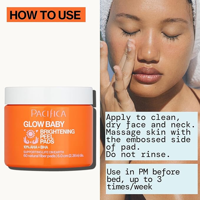 Pacifica Glow Baby Brightening Peel Pads 10% AHA + BHA Exfoliating Face Pads for Glowing Skin Resurfacing Glycolic Acid & Salicylic Acid Pad to Smooth Texture & Minimize Pores Fragrance Free 60 Count