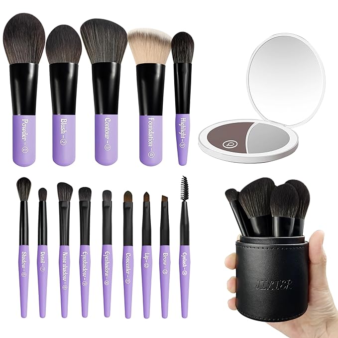 Jilier 14 pcs Mini Makeup Brushes and Pocket Mirror, Travel Makeup Brush Set, LED Compact Mirror with Light, Travel Size with Case, Portable for Handbag, Travel Essentials for Women