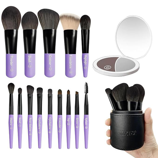 Jilier 14 pcs Mini Makeup Brushes and Pocket Mirror, Travel Makeup Brush Set, LED Compact Mirror with Light, Travel Size with Case, Portable for Handbag, Travel Essentials for Women