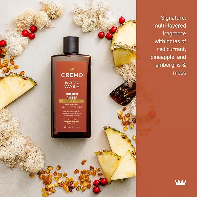 Cremo Rich-Lathering Golden Amber Body Wash for Men, Notes of Red Currant, Pineapple, Ambergris and Moss, 16 Fl Oz