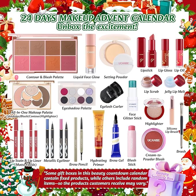 UCANBE Luxury Makeup Advent Calendar 2025, 24 Days Christmas Makeup Gift Set for Adult Women & Teen Girls, 2025 Xmas Beauty & Cosmetic Countdown Calendar Holiday Surprise Limited-Edition Make Up Gifts Kit