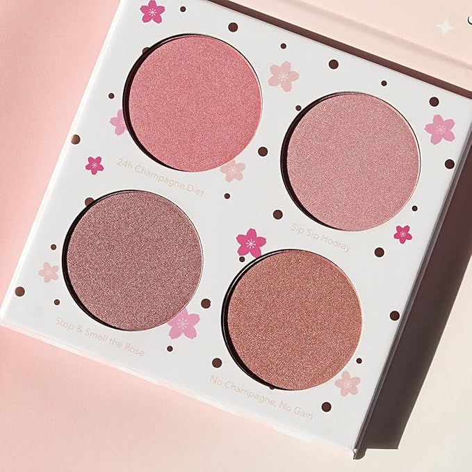 Beauty Bakerie Powder Blush Makeup Palette for Face & Cheeks, Matte and Metallic Highlighter Make up Set, 4 Highlight Shades, Cotton Candy Champagne