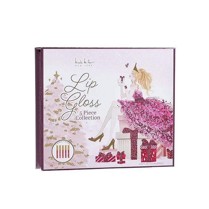 Nicole Miller Lip Gloss Collection Shimmery Glosses for Women and Girls Long Lasting Color Set with Rich Varied Colors, Pink Glitz, 5 Count (Pack of 1)