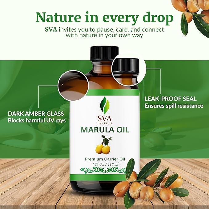 SVA Organic Marula Seed Oil - 4 Fl Oz - 100% Natural Cold Pressed Virgin Marula Oil Organic - for Face, Skin Care, Hair Care, Scalp Massage & Body Massage – Unrefined Carrier Oil with Dropper