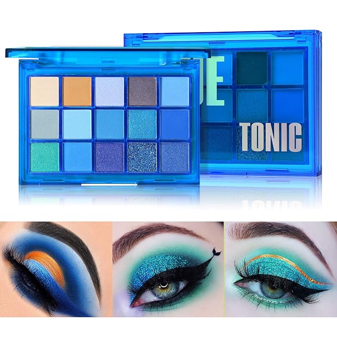 UCANBE Bright Neon Eyeshadow Makeup Palette-15 Shades High Pigmented Purple Blue Yellow Shimmer Matte Glitter Metallic Eyes Shadow Colorful Vibrant Creamy Make Up Pallets Kit - Blue Tonic…