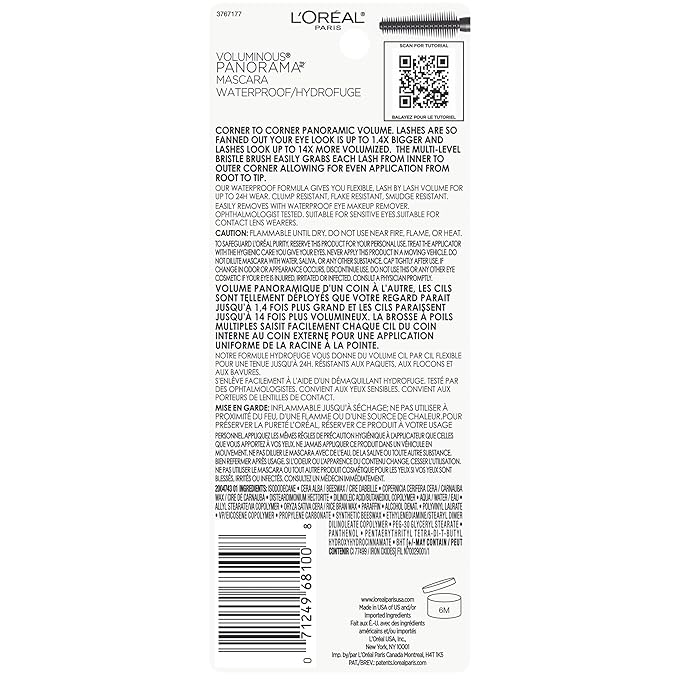 L'Oreal Paris Voluminous Panorama Mascara, Volumizing and Lengthening Mascara, Waterproof Longwear and Smudge Resistant Make Up, Black, 0.33 Fl Oz