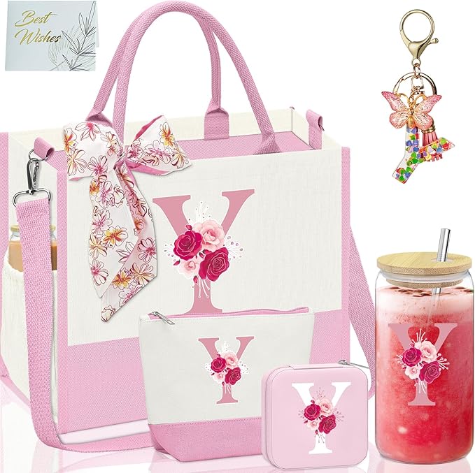 Gifts for Women,Initial Canvas Tote Bag,Personalized Gift for Woman,Monogrammed Gifts for Women,Initial Makeup Bag,Birthday Gift for Mom,present for Niece Sister-Y