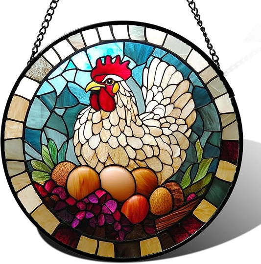 Stained Glass Window Hanging White Chicken Hatching Eggs 9.8" - Suncatcher Door Garden Sunroom Sun Catcher Home Decor Birthday Christmas for Mom Men Woman Nana