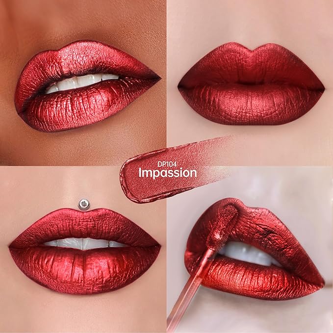 Dark Red Lipsticks for Women Metallic Lipstick Long Lasting Non Stick Cup Lip Gloss, Metal Shine Lightweight Hydrating Full Coverage Lip Color, DP104 Impassion