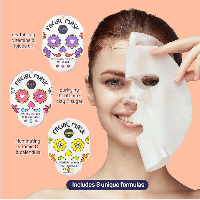 SpaLife Dia de Muertos Facial Mask Variety Pack - 9 Count for Hydrating and Refreshing Skin Care Korean Sheet Masks - Moisturizing Face Mask Sheets for Spa-Like Skin Rejuvenation