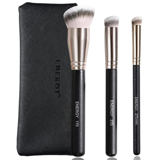 ENERGY Makeup Brush Set Professional 3pcs Foundation Concealer Detail Brushes Soft Synthetic Bristles Vegan Face Makeup Brushes for Liquid Cream Powder Flawless Blending Buffing with Travel Case