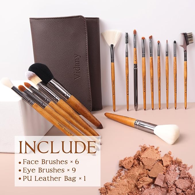 Makeup Brush Set,15pcs Walnut Wooden Makeup Brushes With Leather Button Bag, Professional Makeup Brushes For Foundation Concealer Kabuki Blush Eyeliner Shadow Brow, Makeup Brush Sets & Kits