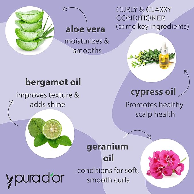 PURA D'OR Curly & Classy Shampoo & Conditioner Set for Defined Curls - Nourishing Formula with Argan, Castor, Geranium, Coconut & Kukui Seed Oils