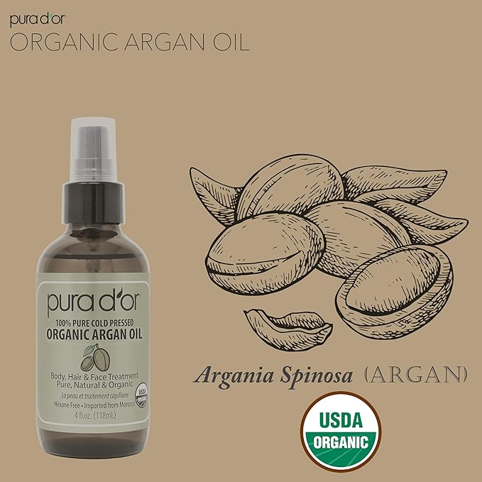 PURA D'OR 4 Oz ORGANIC Moroccan Argan Oil - USDA Certified 100% Pure & Cold Pressed Virgin Premium Grade Natural Moisturizer Treatment For Dry, Damaged Skin, Hair, Face, Body & Scalp - Men & Women
