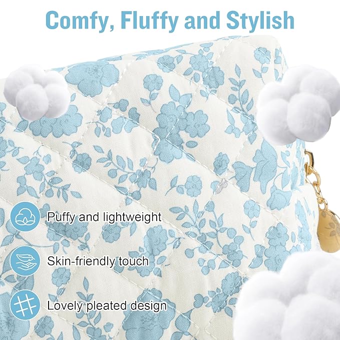 Personalized Quilted Cosmetic Bag, Puffy Monogrammed Christmas Birthday Gifts for Women & Girls, Cute initial Floral Makeup Bag Puffer Coquette Bag, Aesthetic Travel Toiletry Zipper Pouch(Blue,G)