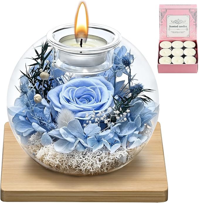 Birthday Gifts for Women,Eternal Preserved Real Rose with 18 Scented Candle Set(Bergamot+Jasmine),Preserved Rose in Glass Dome,Christmas Valentine Mothers Day Gifts for Her Mom Girlfriend,Home Decor