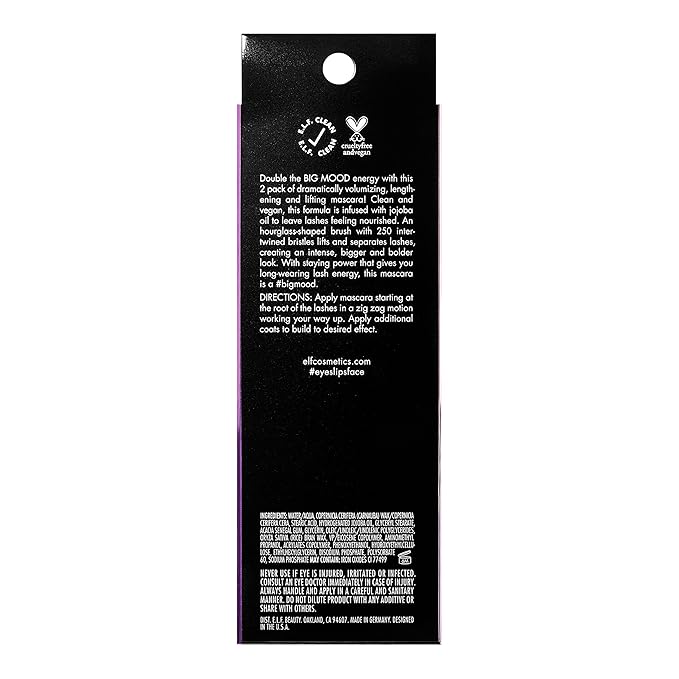 e.l.f. Big Mood Mascara, Instantly Creates Long-Lasting, Bold & Lifted, Voluminous Lashes, Infused with Jojoba Wax, Black, 0.30 fl Oz (2-Pack)