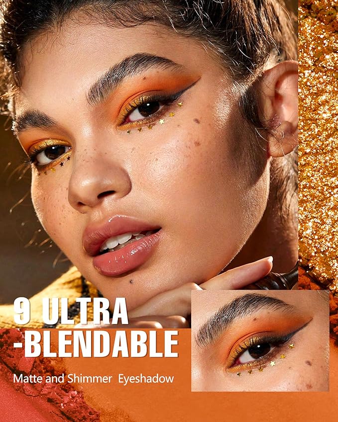 Orange Eyeshadow Palette Long Lasting Orange Eye Shadow for Women High Pigmented 9 Color Waterproof Eye Makeup- 9Orange