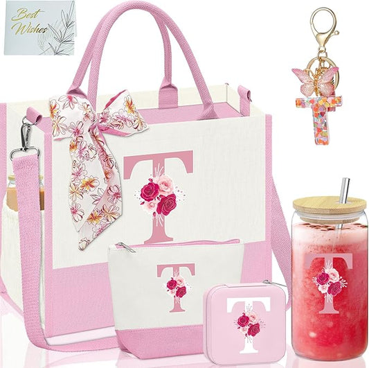 Gifts for Women,Initial Canvas Tote Bag,Personalized Gift for Woman,Monogrammed Gifts for Women,Initial Makeup Bag,Birthday Gift for Mom,present for Niece Sister-T