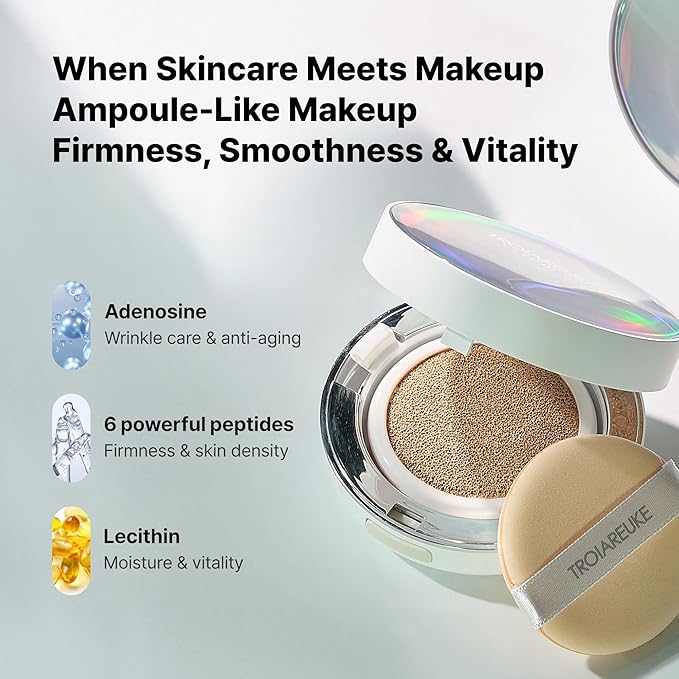 TROIAREUKE Seoul "Bridal" Cushion Foundation(#22, Yellow Beige), Korean Cushion Foundation, K-Beauty, Hydrating, Long-lasting, Lightweight, Natural Finish, Anti-Aging, Moisture, Whitening, SPF 50+