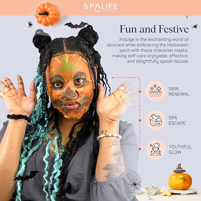 SpaLife Facial Mask Sheet Bundle - Pumpkin, Ghost, Bat - Halloween Character Mask Bundle - Face Masks for Skin Care - Moisturizing Sheet Face Masks - Skincare Pack for Women - Spa Beauty Masks