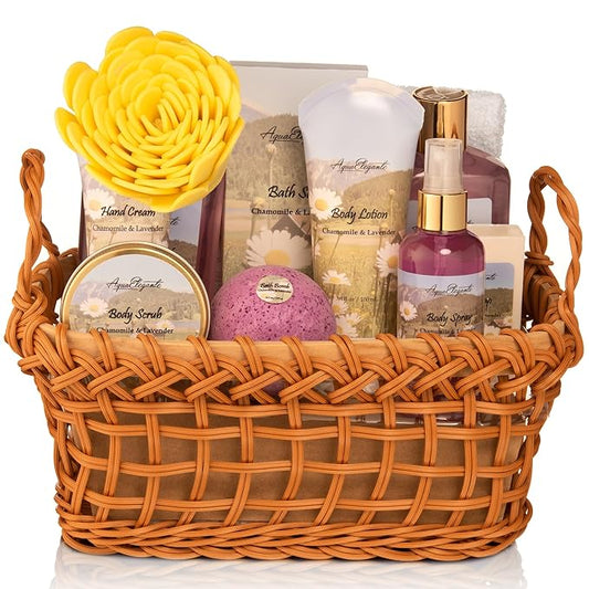 Spa Baskets For Women - Luxury Bath Set With Lavender & Chamomile - Spa Kit Includes Wash, Bubble Bath, Lotion, Bath Salts, Body Scrub, Body Spray, Shower Puff, Bathbombs, Soap and Towel