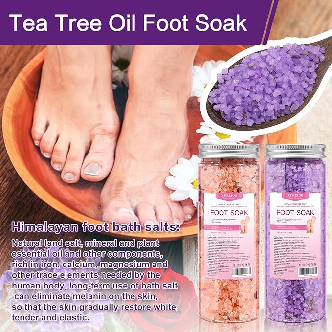 Himalayan Pink FOOT SOAK SALT Kit Tea Tree Oil - Moisturize, Foot Odor cream spa bath massager Epsom Salt foot pedicure at home spa Callus Remover Gel Kit Foot file tools