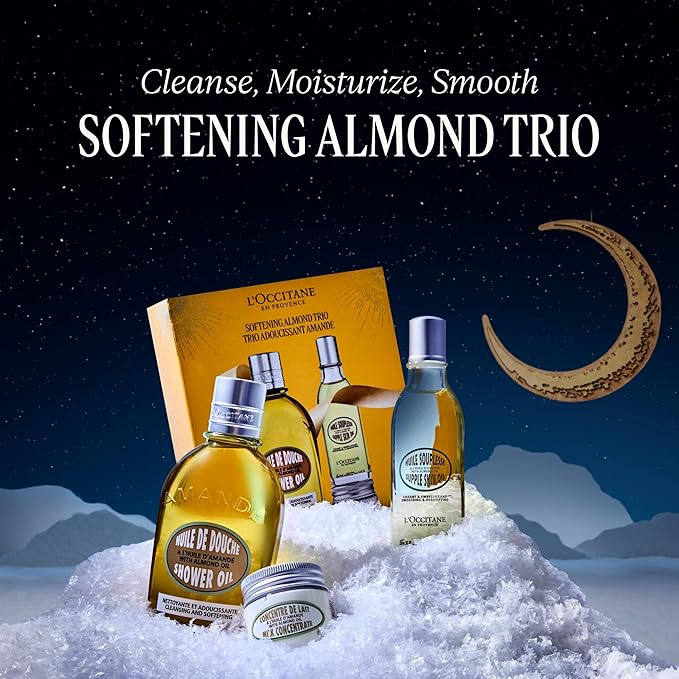 L'OCCITANE Softening Almond Trio Gift Set: Best Holiday Gift Set with Almond Shower Oil Body Wash, Moisturizing Milk Concentrate, Softening Supple Skin Oil