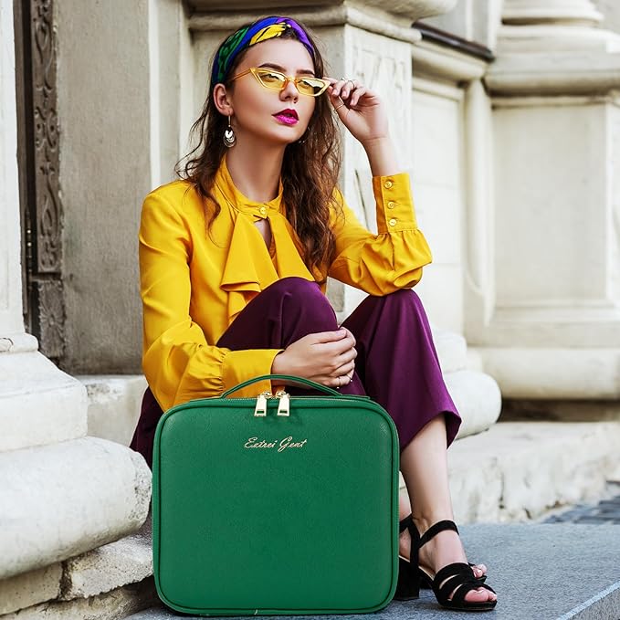 Makeup Travel Train Case with Mirror LED Light 3 Adjustable Brightness Large Cosmetic Bag Portable Storage Adjustable Partition Waterproof Makeup Brushes Make up Jewelry Gift for Women