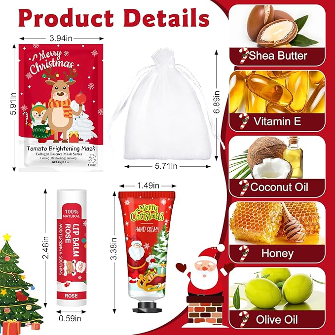 60 Pack Christmas Hand Cream, Facial Mask and Lip Balm Set, Christmas Stocking Stuffers for Women, Bulk Christmas Gifts for Coworkers, Christmas Party Supplies, Party Favors and Christmas Decorations