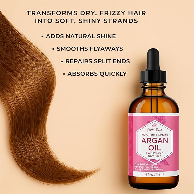 Leven Rose Organic Argan Oil for Hair, Face and Skin - 4 oz 100% Pure Moroccan Cold-Pressed Organic