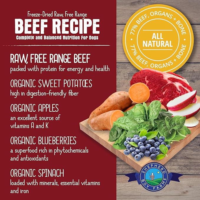 Freeze Dried Raw Dog Food, Beef Recipe, All Natural, No Synthetics, Made in USA with Goat's Milk & Organic Produce, High Protein, Complete Meal (48oz)