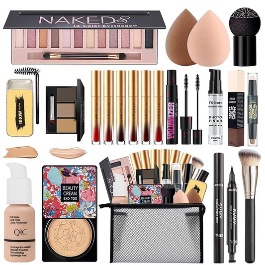 All in One Makeup Kit,Includes Naked Eyeshadow,Liquid Foundation,CC Cream,Lipstick Set,Mascara,Brush,Sponge,Eyebrow Powder,Eyebrow Soap,Eyeliner Stamp, Primer,Contour Stick,Cosmetic Bag