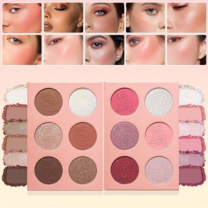 Blush Palette, 6 Colors Highlighter Blush Powder Makeup, Long-Wearing, Smudge Proof, Natural-Looking, Blendable Cruelty-Free Matte Finish, Cream Contour Palette and Blush Palette Face Makeup