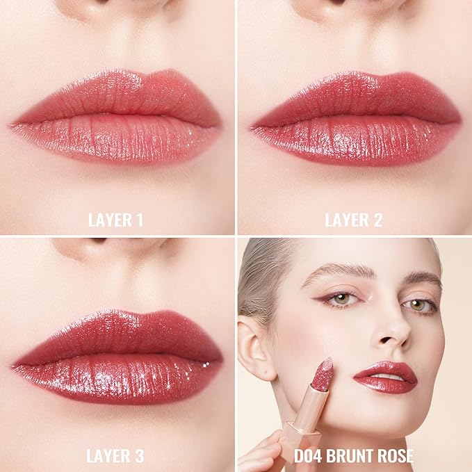 Oulac Shimmer Lipstick for Women, Infinity High Shine Finish, Hydrating Lip Color Infused with Damask Rose Oil for All-Day Comfort, Gluten-Free Vegan Beauty, D04 Brunt Rose