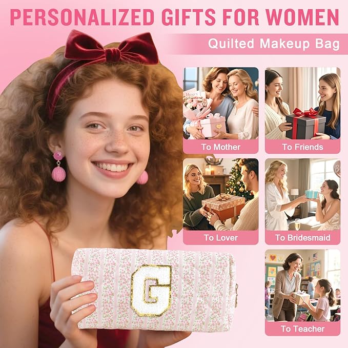 Personalized Quilted Cosmetic Bag, Puffy Monogrammed Christmas Birthday Gifts for Women & Girls, Cute initial Floral Makeup Bag Puffer Coquette Bag, Aesthetic Travel Toiletry Zipper Pouch(Pink,G)