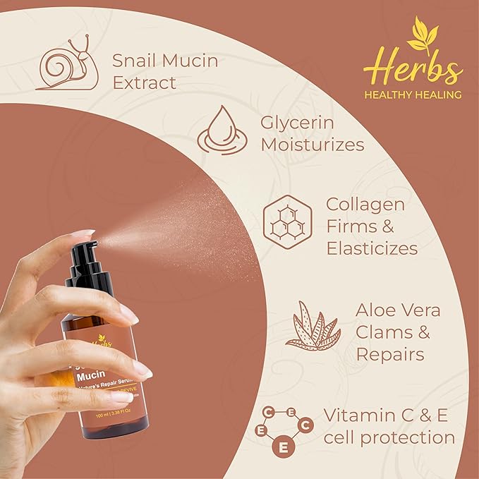 Herbs Healthy Healing Snail Mucin 96% Essence – Korean Hydrating Face Serum (3.38 fl oz) – Nourishing Skincare for Fine Lines, Uneven Tone & Dehydrated Skin – Lightweight, Fast-Absorbing Formula
