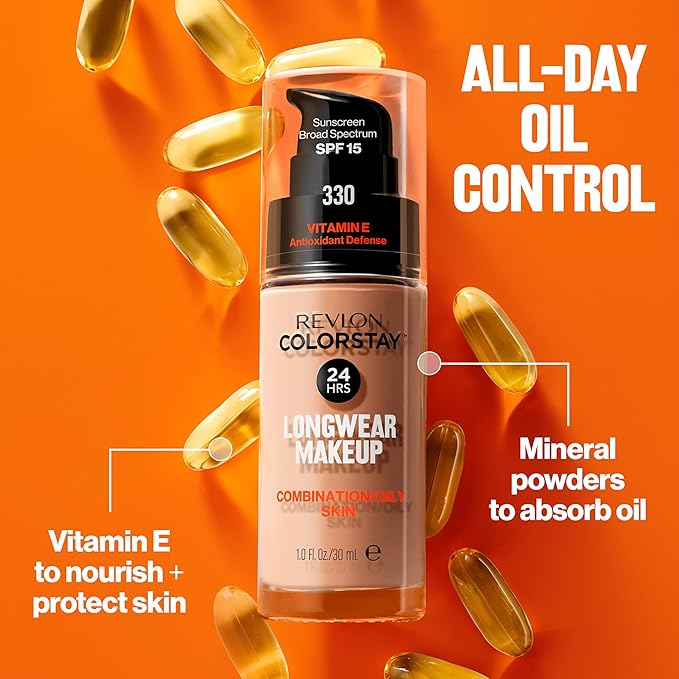 Revlon Liquid Foundation, ColorStay Face Makeup for Combination & Oily Skin, SPF 15, Medium-Full Coverage with Matte Finish, 370 Toast, 1 Fl Oz