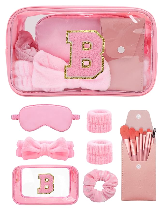 Gift Sets for Women, Initial Makeup Bag with Makeup Brush Set Bachelorette Party Favors, Pink Spa Kit with Skincare Headbands Wrist Bands Sleepover Party Supplies Gifts for Teen Girls Bridesmaid B