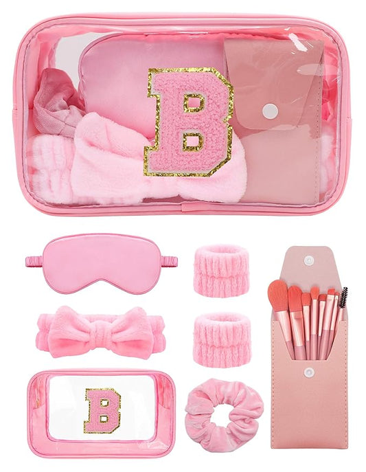 Gift Sets for Women, Initial Makeup Bag with Makeup Brush Set Bachelorette Party Favors, Pink Spa Kit with Skincare Headbands Wrist Bands Sleepover Party Supplies Gifts for Teen Girls Bridesmaid B