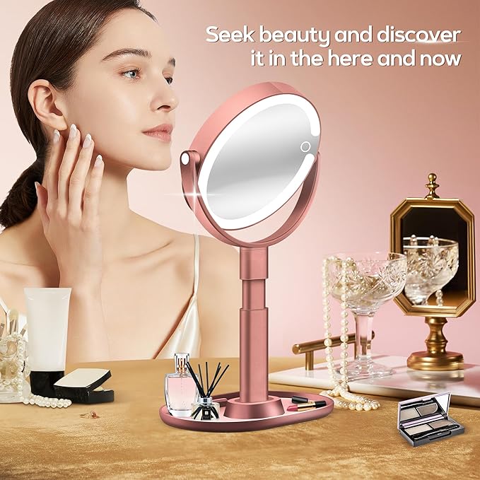 B Beauty Planet Makeup Mirror with Lights, Lighted Magnifying Mirror 30X with 3 Lighting and Adjustable Brightness, 2-Sided Height Adjustable Vanity Mirror for Bathroom, Gifts for Women Rose Gold