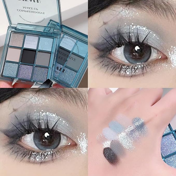 Go Ho 9 Colors Light Blue Grey Black Silver Powder Eyeshadow Palette,Matte&Shimmer&Glitter Eyeshadow Makeup Palette,Waterproof Daily Shades Eye Shadow Make up,14