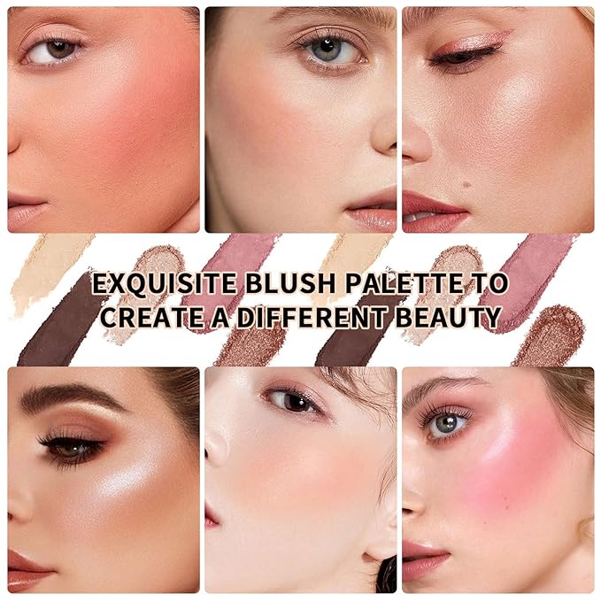 Blush Palette, 6 Colors Highlighter Blush Powder Makeup, Long-Wearing, Smudge Proof, Natural-Looking, Blendable Cruelty-Free Matte Finish, Cream Contour Palette and Blush Palette Face Makeup