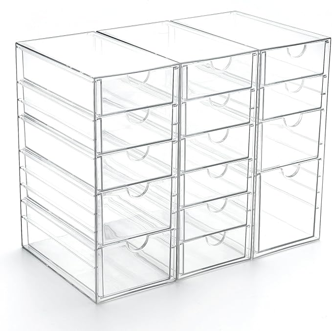 Prsildan Acrylic Drawer Organizer with 15 Drawers, Makeup Craft Office Desk Organizers Accessories, Set of 3 Clear Stackable Storage Drawers for Vanity, Countertop, Jewelry, Art Supply Organization