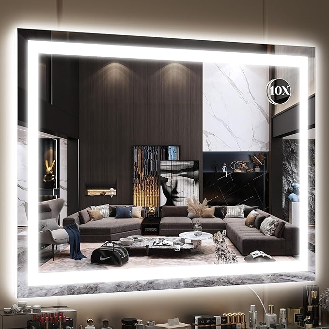 FENNIO Large Vanity Mirror with Lights，42" x 32"Makeup Mirror with Lights，Hollywood Mirror with 3 Color Modes & Adjustable Brightness，Vanity Mirror Square White