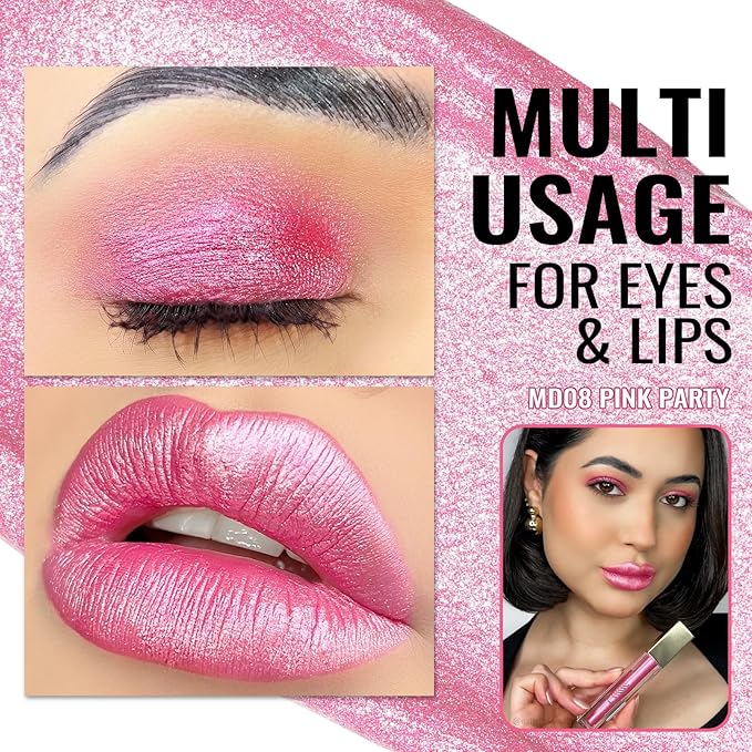 Oulac Pink Metallic Lipstick for Women, Long Lasting Lip Gloss Waterproof, Lips & Eye 2 IN 1 Lip Makeup, High Impact Lip Color, 3D Metallic Finish, No Transfer, Vegan MD08