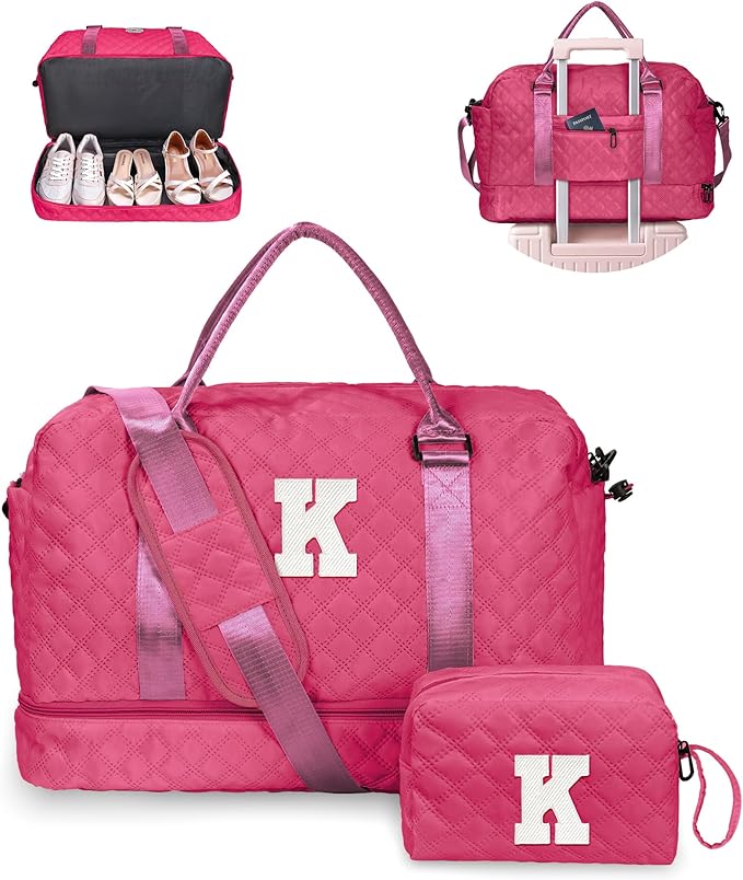Personalized Women Gifts, Gifts for Women-Initial Travel Bag with Shoe Compartment, Personalized Weekender Bag, Monogram Overnight Bag for Women, Letter Travel Bag with Makeup Bag (Letter K)