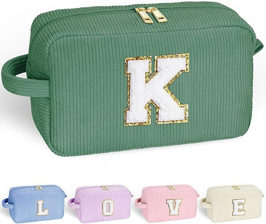 YOOLIFE Travel Makeup Bag - Gifts for Women Initial Letter Cosmetic Bags for Women Girls Green Make Up Bag & Makeup Brush Bag Personalized Teen Girl Gifts Best Friend Birthday Gifts for Women Her K