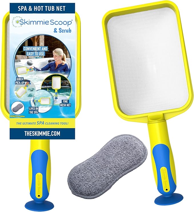 The Skimmie Scoop - Patented Handheld Skimmer with Fine Mesh Net for Spa, Hot Tub, Cold Plunge and Small Pool Cleaning - Lightweight and Durable with Powerful Suction Cup - Clean Out Filter (Yellow)